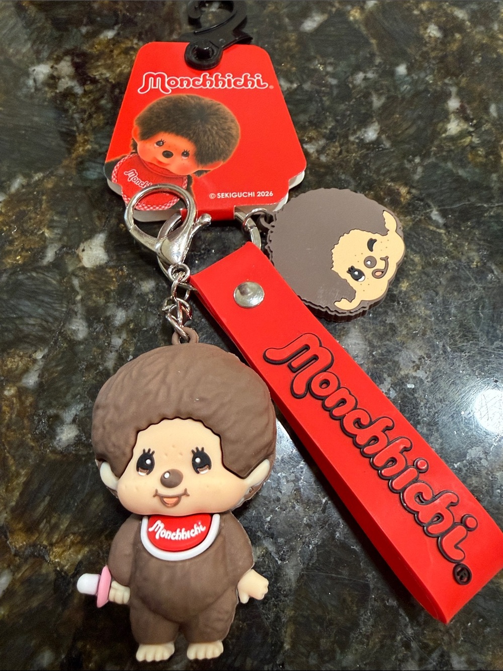 Monchhichi Brown Kids Keychain Bag Charm with Red Strap